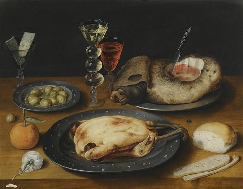  Osias Beert  - "Still Life of a Roast Chicken a Ham and Olives on Pewter Plates with a Bread Roll an Orange Wineglasses and a Rose on a Wooden Table"  